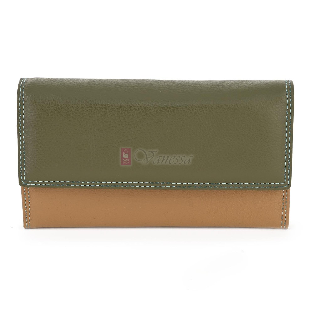 Голямо дамско портмоне от естествена кожа в бежово-зелен цвят. КОД: 406